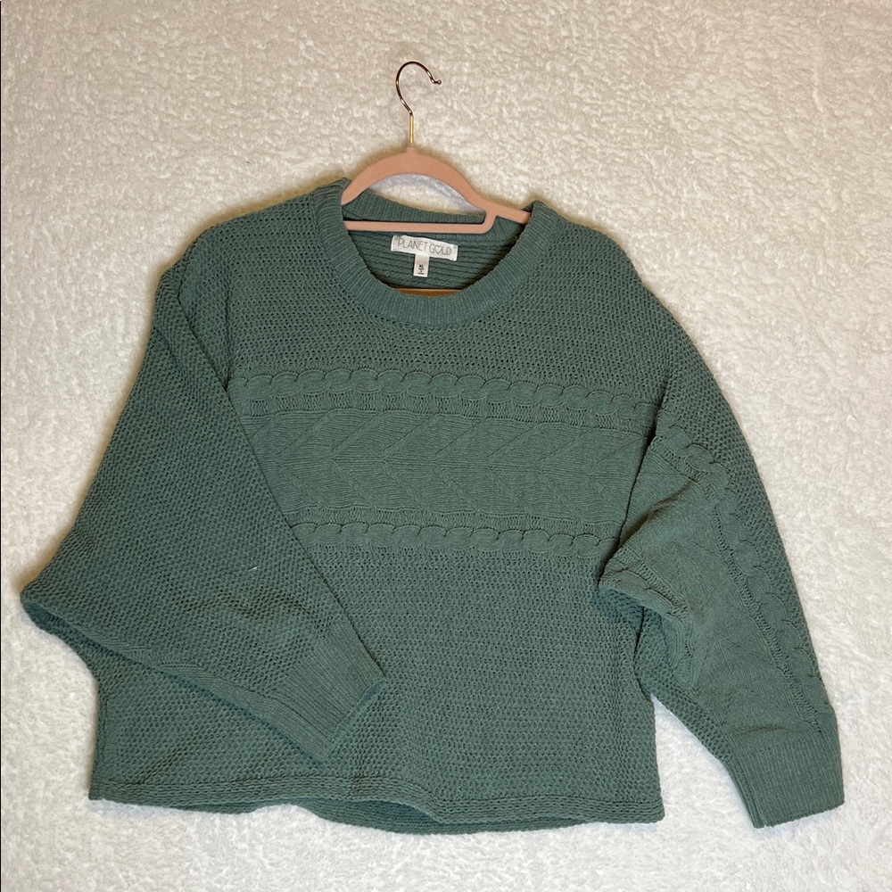 Planet Gold Soft Sage Green boxy cropped cable knit crew neck sweater XLarge‎